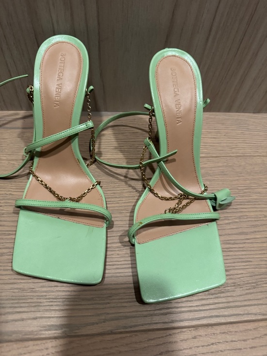 Bottega Veneta Shoes - Bottega Veneta Pastel Green Square Toe Chain-Strap Heels